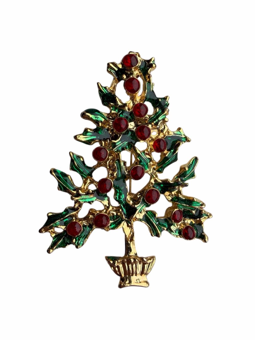 Vintage Red and Green Enamel Gold Tone Holiday Christmas Tree and Holly Brooch